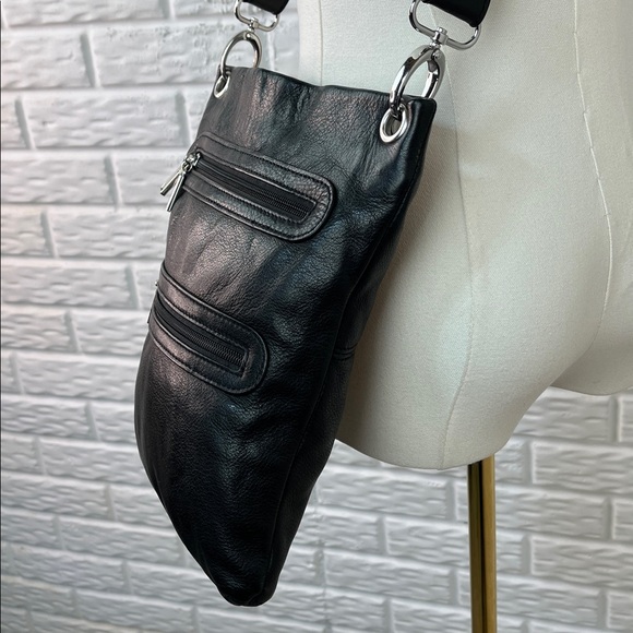 MARGOT ANTHROPOLOGIE DOUBLE ZIP SOFT BLACK GENUINE LEATHER CROSSBODY BAG - Picture 5 of 14